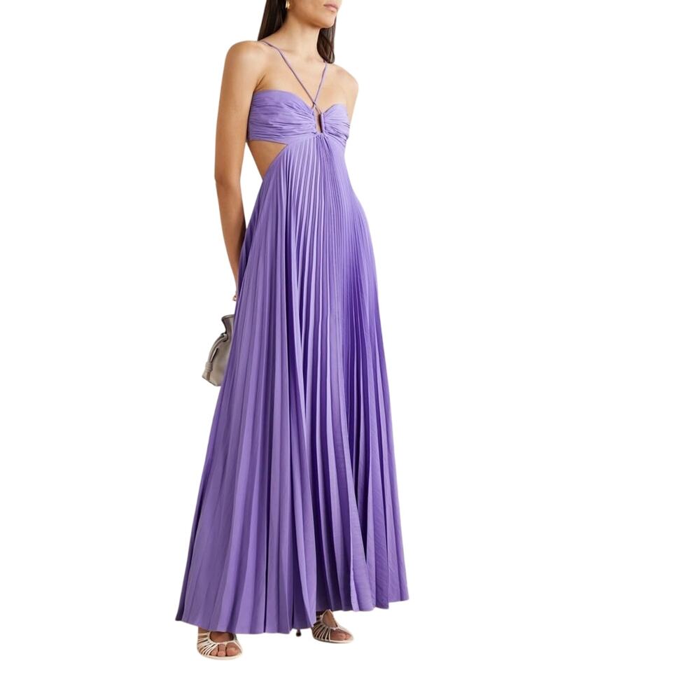 A.L.C. Satin Cut-Out Pleated Moira Maxi A-Line Dress Bellflower Women's Size 2